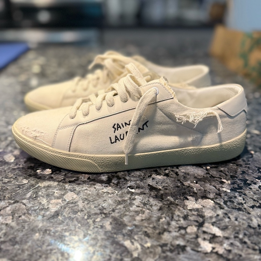 SL/06 Court Classic Leather-Trimmed Logo-Embroidered
Distressed Canvas Sneakers